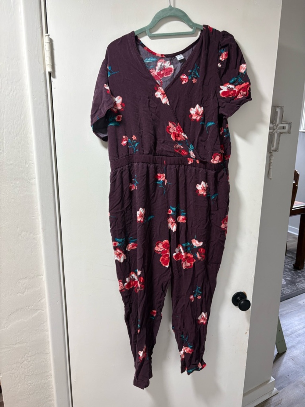 Old Navy Plum Floral Wrap-Front Jumpsuit nursing friendly